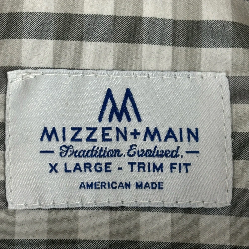 Mizzen Main Shirt Mens XL Trim Fit Performance Button Up‎ Gray White Check